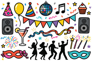 Vibrant Party Celebration and Nightlife Doodle Element Set