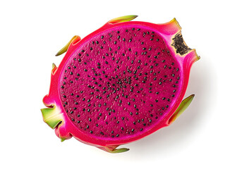 Vibrant Dragon Fruit Slice: Exotic Pink Pulp and Black Seeds on White