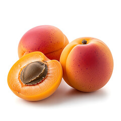 Vibrant Fresh Apricots: Halved Fruit with Pit and Two Whole, Isolated on Bright White