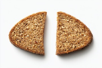 Two slices of whole wheat bread, cut in half, seen from above on a white background. The bread is light brown and shows a grainy texture, with visible seeds