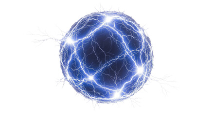 A dark blue sphere with bright blue electrical discharges and lightning bolts crisscrossing its surface and extending outwards on a white background.