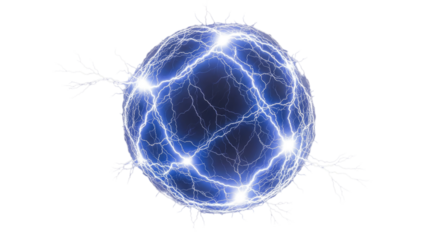 A dark blue sphere with bright blue electrical discharges and lightning bolts crisscrossing its surface and extending outwards on a white background.