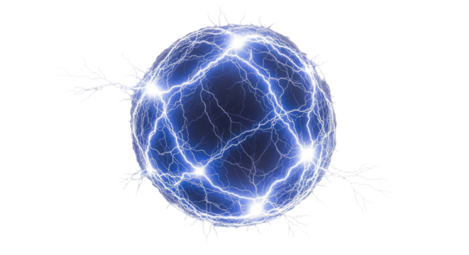 A dark blue sphere with bright blue electrical discharges and lightning bolts crisscrossing its surface and extending outwards on a white background.