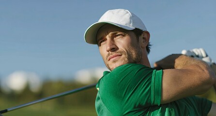 Focused Golfer Taking Swing on Sunny Day at Golf Course