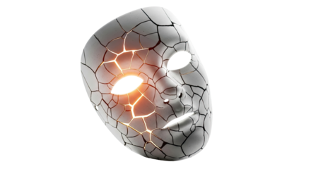 A cracked white mask with glowing orange light emanating from one eye, symbolizing fragility and inner intensity.