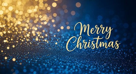 Elegant merry christmas greeting card with golden bokeh on blue