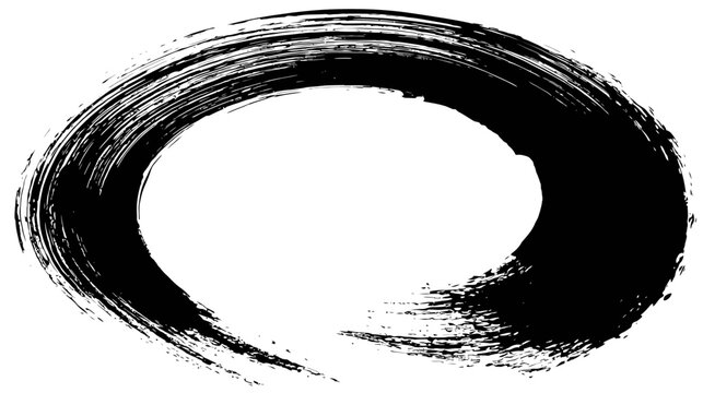Hand-drawn Black Ink Brushstroke Circle on White Background - Abstract Calligraphic Grunge Texture Element for Zen Art Design
