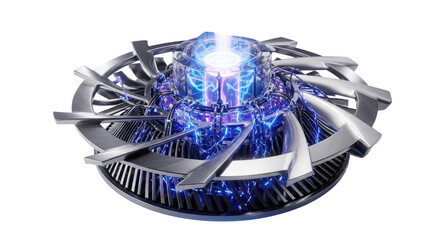 Futuristic metallic disc-shaped energy core with glowing blue and purple light, intricate mechanical design.
