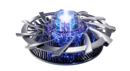 Futuristic metallic disc-shaped energy core with glowing blue and purple light, intricate mechanical design.