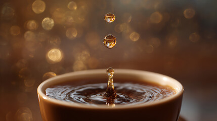 A close-up of coffee with droplets creating ripples, capturing the essence of warmth and comfort in every sip.