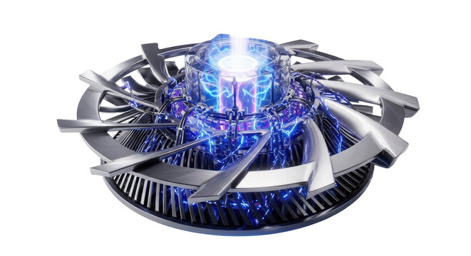 Futuristic metallic disc-shaped energy core with glowing blue and purple light, intricate mechanical design.