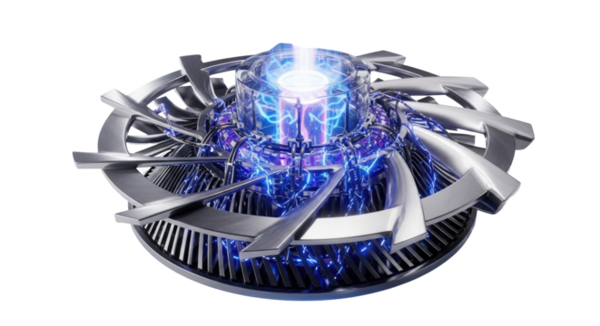 Futuristic metallic disc-shaped energy core with glowing blue and purple light, intricate mechanical design.