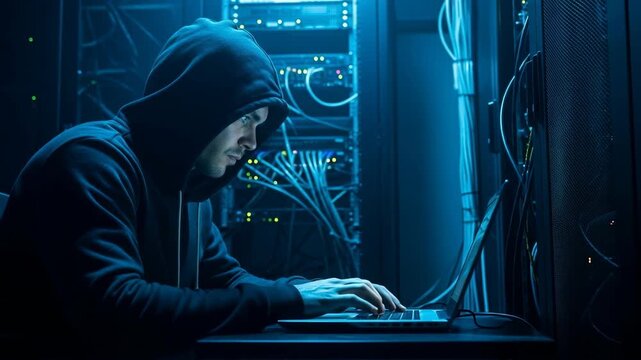 Hacker at work using keyboard in server room to exploit vulnerability, hacker is focused on penetrating security systems and gaining unauthorized access.