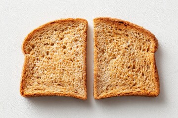 Two toasted bread slices.  Close-up, top view.  Golden-brown,  lightly textured.  Evenly cut,  separated.  Bright, neutral background