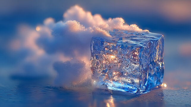 ice cube melting in clear water, teal and gray hues, abstract background with smooth textures, refreshing and cool atmosphere,