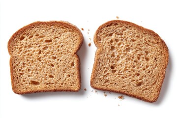 Two slices of toasted bread, light brown in color, showing the inside texture.  Small crumbs are visible near the right slice