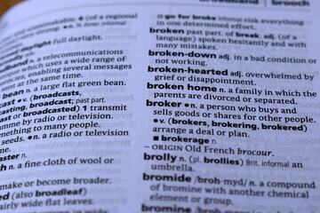 Fototapeta premium Definition Of English Dictionary Close Up Of Page With Word - broken home