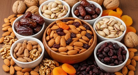 Assorted dried fruits and nuts in bowls walnuts almonds pistachios dates apricots healthy food snack