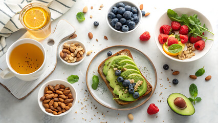 Healthy breakfast with avocado toast and berries