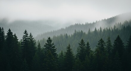 Evergreen forest landscape with fog covered mountain range in the distance tranquil scene