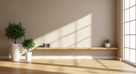 Modern interior room with sunlight on wall featuring plants and wooden floor for decoration