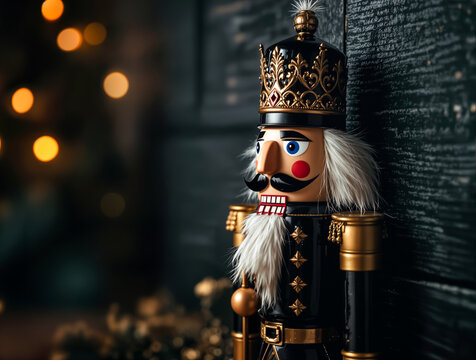 Nussknacker in schwarzer und goldener Uniform vor dunkler Holzwand mit warmen Weihnachtslichtern, festliche Holzfigur f&uuml;r Advent und Winterdeko