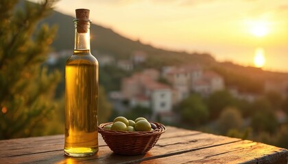 Glass bottle of olive oil on wooden table with basket of green olives. Mediterranean village in background at sunset. Natural light illuminates scene. Rural landscape with houses, trees. Healthy