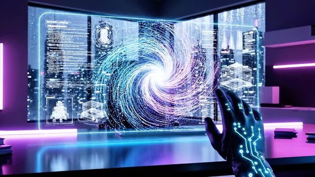 Futuristic digital hand interacting with a virtual data sphere, cityscape blurred background - Powered by Adobe