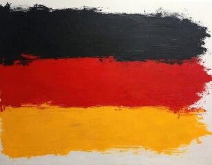 Modern German flag painted with rough, thick, vibrant brushstrokes. Black, red, yellow colors form bold horizontal stripes. Abstract art style shows patriotism for Germany nation symbol, Europe