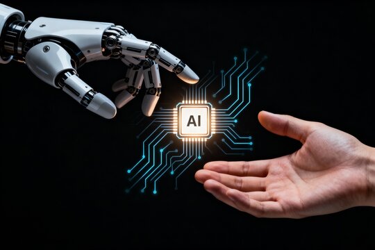 Robot hand reaching toward a human hand with a glowing AI chip between them. Concept of technology, innovation and collaboration.