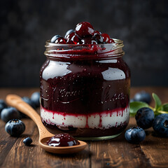 blueberry jam in a glass jar with fresh blueberries