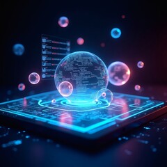 Fototapeta premium A futuristic and abstract digital design showcasing a high-tech glowing sphere within a circuit board, with bubbles around the image
