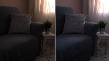 sidebyside. Side-by-side comparison of minimalist living space transformation with clean architectural details. real-estate listings.