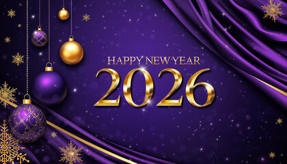 Neujahr 2026: Elegantes Festtagsdesign mit goldenen Zahlen, lila Hintergrund, Kugeln und funkelnden Schneeflocken