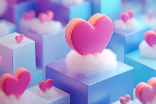 Isometric floating candy hearts with tiny Cupids flying around - Powered by Adobe