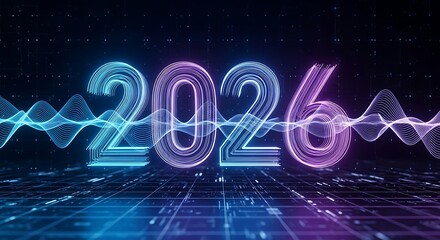 Embracing 2026 A dynamic digital concept featuring glowing numbers, abstract waves, and a high-tech grid, symbolizing future innovation and technological advancement for the new year