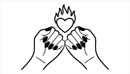 Two black manicured hands reaching up towards a flaming heart symbol on a white background female hands