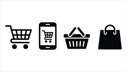 Black shopping cart icon smartphone screen shopping basket and shopping bag icons on white background