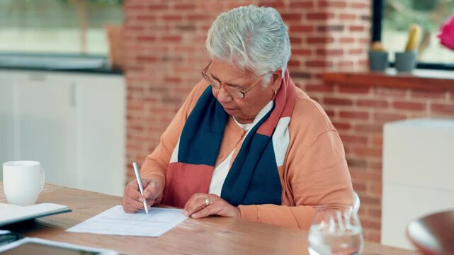 Writing, contract and senior woman in home for planning budget, pension fund and bills in morning. Documents, title deed and elderly person with filling paperwork for retirement application in house.