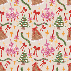 Christmas Seamless Pattern, Pastel Snowman and Santa Ornament Digital Paper, Holiday Sweet (PNG, JPG Digital Download)