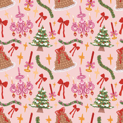 Christmas Seamless Pattern, Pastel Snowman and Santa Ornament Digital Paper, Holiday Sweet (PNG, JPG Digital Download)