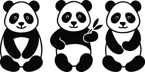 Cute Animal Panda characters set. Hand drawn wild animal cartoon design of panda in different pose, sitting, Adorable bear mascot silhouette vector illustration for sticker, clipart, education