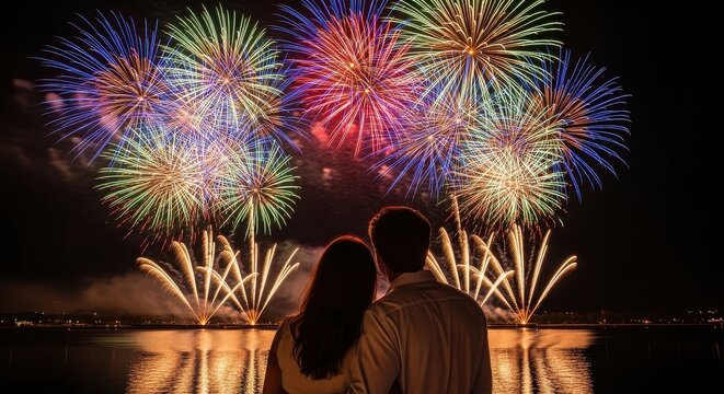 Vibrant fireworks illuminate night sky above water, silhouetted couple enjoys a celebratory moment