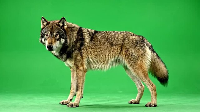 Majestic wolf stands alert on a vibrant green background, showcasing its wild beauty.