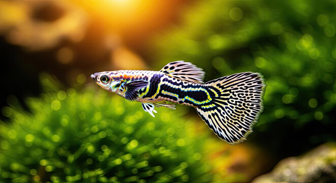 Vibrant Guppy Swimming Gracefully in Aquatic Environment, Showcasing Its Striking Colors and Fin Patterns Against a Backdrop of Lush Green