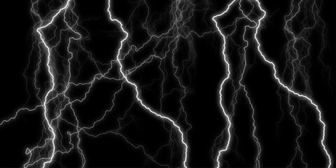 Dramatic Electric Lightning Strikes Abstract Pattern on Black Background. Lightning Effect Overlay, Isolated Electric Thunderstorm Bolt Strikes on Dark Night Sky Background.	