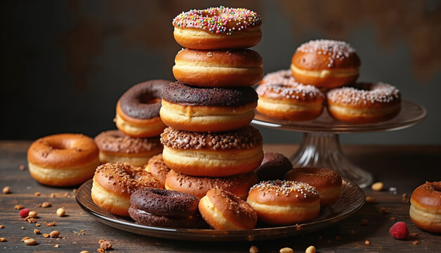 Sweet donuts stacked high on a plate and cake stand, with assorted toppings and sprinkles. Doughnut assortment offers a variety of flavors and textures, perfect for dessert or a snack.