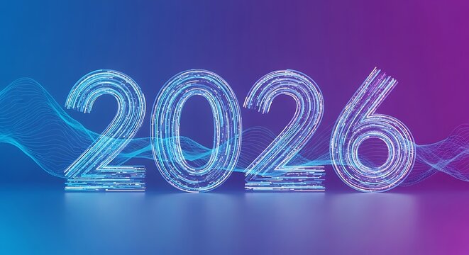 Futuristic digital display of the year 2026 with flowing light particles on a vibrant blue and purple gradient background