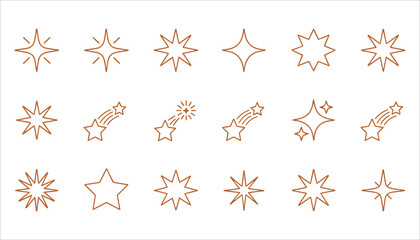Collection of brown outline starbursts and shooting stars on white background sparkle twinkle