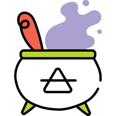 Halloween Witch Cauldron Bubbling With Purple Potion and Stirring Spoon on a Transparent Background